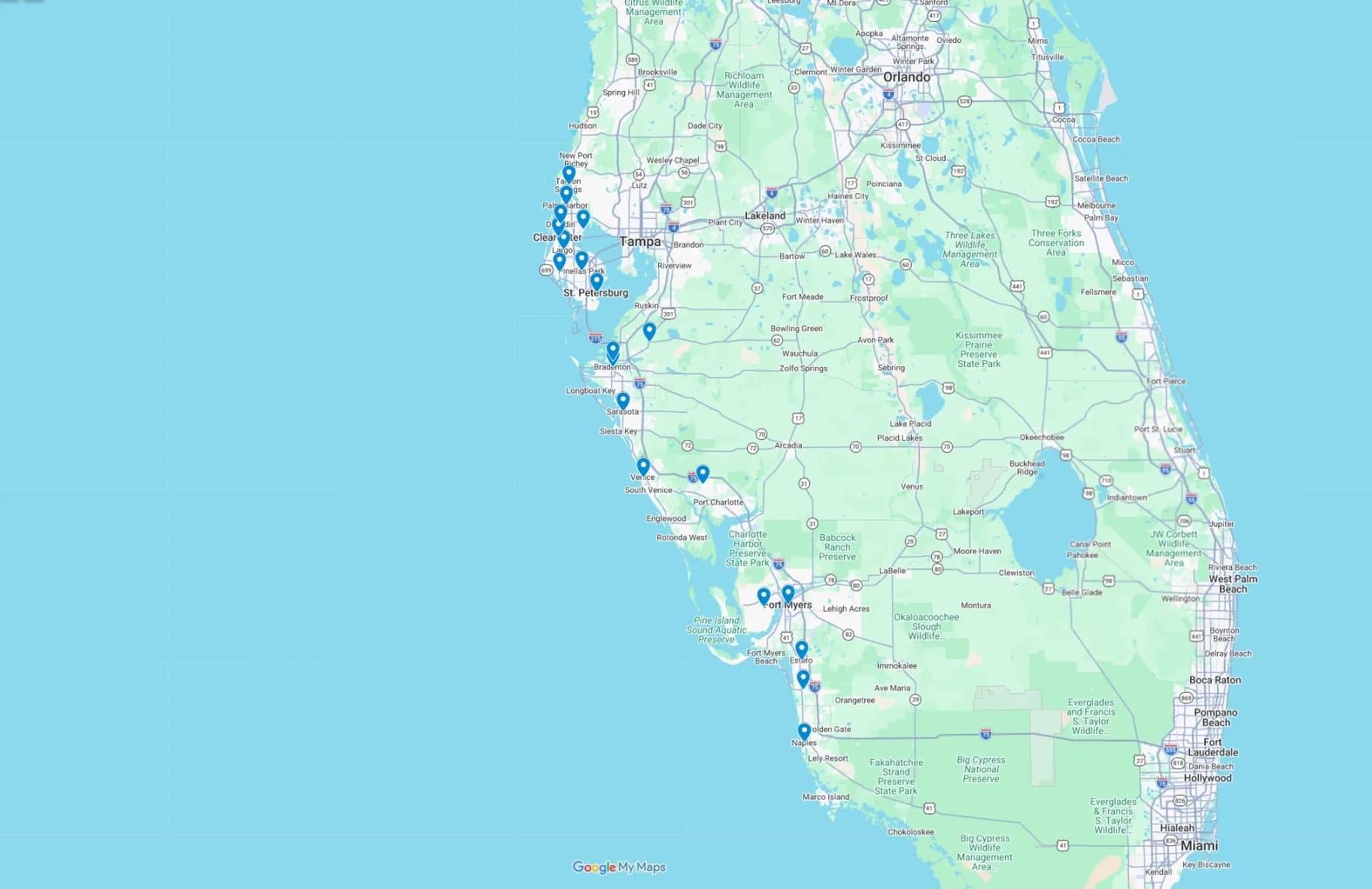 Map of the Florida communities Curtis Pools serves, from Tarpon Springs south to Naples