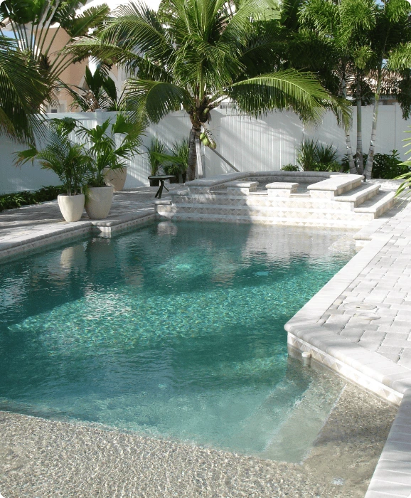 Custom gunite pool surrounded by tropical landscaping